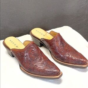 Roper Women's Embossed Leather handcrafted western Mules in Rich Brown